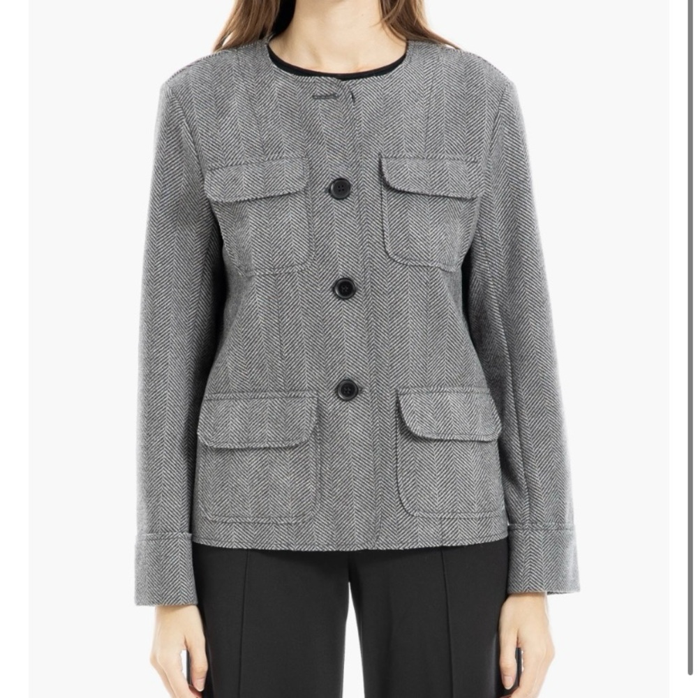 MAX Studio London Black Grey Herringbone Collarless Jacket Size Medium